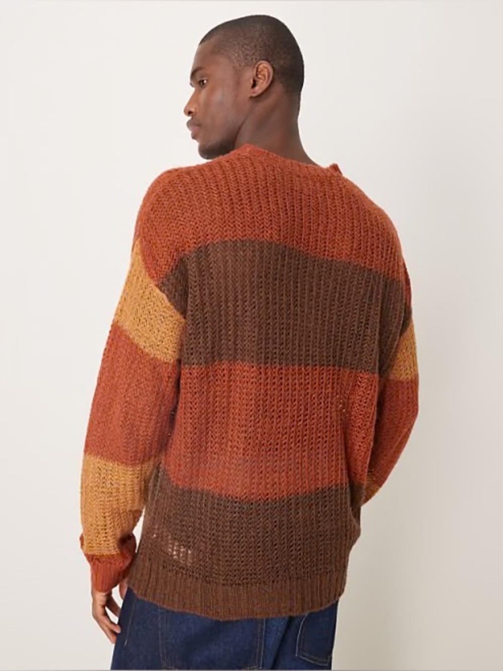 ASOS DESIGN relaxed open knitted crew neck jumper in brown stripe texture